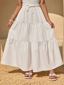少女纯色抽绳腰荷叶边下摆休闲度假裙 - 白色 - 查看 3