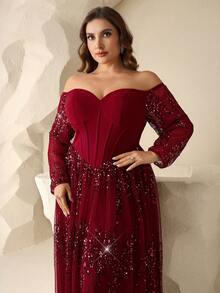 Coutiva Đầm dạ hội thanh lịch, trễ vai, tay dài, hở lưng, xếp ly ở gấu váy, đính sequin, thích hợp cho khách dự đám cưới, lễ tốt nghiệp, dạ hội, tiệc tựu trường, sự kiện thảm đỏ, v.v. - Màu Đỏ Sâu - Xem 6