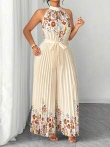 Elenzga Mono de pierna ancha con cuello de halter plisado y estampado para mujer de talla grande, estilo elegante y romántico para citas de primavera/verano. Monos elegantes y bohemios para mujer, conjuntos de ropa de vacaciones, atuendos de verano para mujer, atuendos de primavera para mujer, vestidos, atuendos de boda para mujer - Albaricoque - Ver 5
