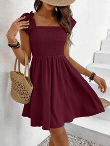 SHEIN Frenchy Đầm chữ A cổ vuông màu trơn, dáng suông, ôm eo, bán chạy nhất - Màu Đỏ Sâu - Xem 4