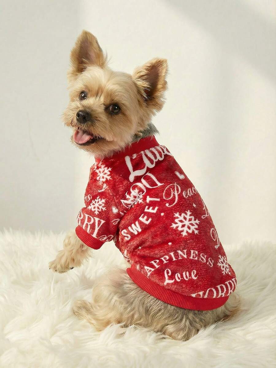 PETSIN 1 Pc Pet Dog/Cat Red Flannel Snowflake & Letter Print Warm Crew Neck Sweatshirt, Unisex Design - Multicolor - View 1