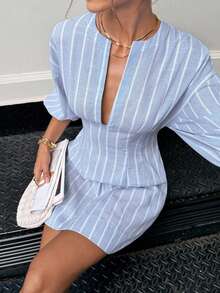 Siren Gaze Business Casual Woman Going Out Outfits Teacher Outfits For Women Waist A-Line Blue Striped Dress  Women's Casual Commuting Striped Cinched Waist Mini Dress Summer Casual - Blue - View 5