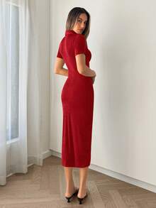 SHEIN Essnce Vestido fruncido con botón - Rosa Roja - Ver 2