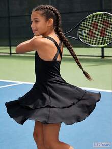 女童时尚露背瑜伽连体裤，防走光，舞蹈紧身衣，健身运动网球服，镂空肩带设计 - 黑色 - 查看 2