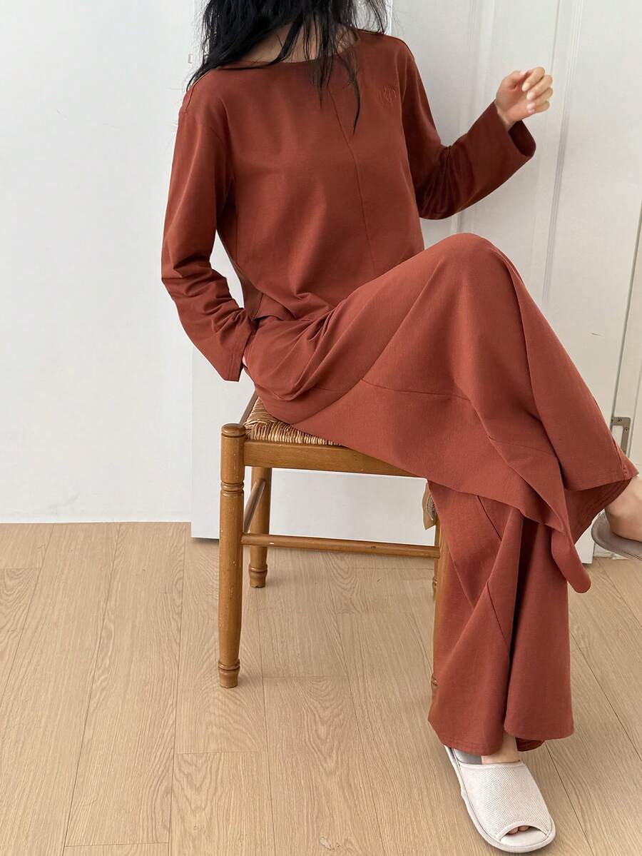 DAZY 极简刺绣字母装饰针织阔腿裤女士家居服套装 - 棕色 - 查看 1