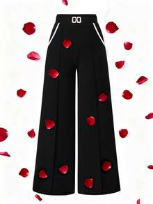SHEIN Elenzya Plus Size Women's Elegant Fashion Versatile Metal Buckle Decor Pants, Pocketless, Suitable For Spring, Summer, Autumn - Black and White - View 1