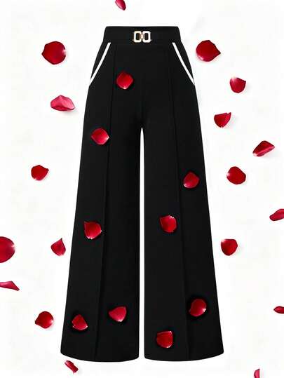 Elenzga Plus Size Women's Elegant Fashion Versatile Metal Buckle Decor Pants, Pocketless, Suitable For Spring, Summer, Autumn