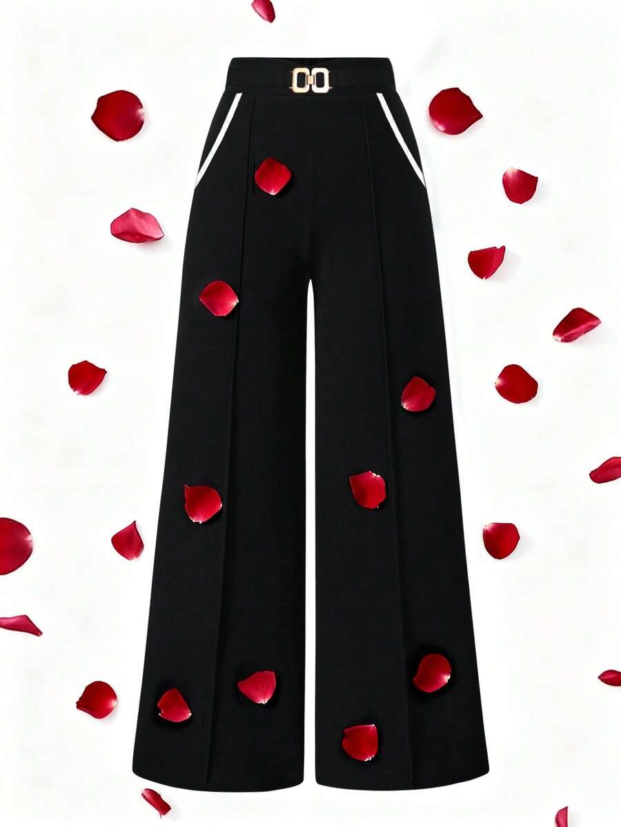 SHEIN Elenzya Plus Size Women's Elegant Fashion Versatile Metal Buckle Decor Pants, Pocketless, Suitable For Spring, Summer, Autumn - Black and White - View 1