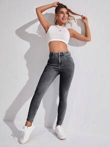 SHEIN SXY 休闲水洗高腰修身牛仔裤 - 淺灰色 - 查看 5