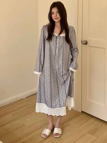 Dazy Plus Plus Size Women Ditsy Floral Square Neck Long Sleeve Button Design Loose Nightgown Pajamas - Dusty Blue - View 5