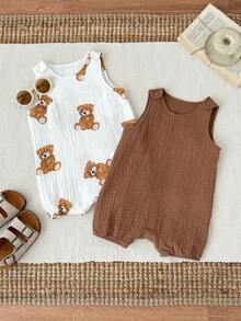SHEIN Set de 2 piezas de pelele sin mangas con estampado de oso lindo para bebé recién nacido niño/niña, para verano - Marrón - Ver 6