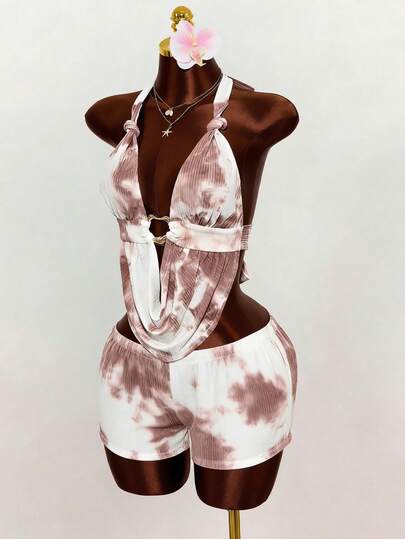 Mistrie Women's Y2K Metal Decor Sexy Halter Tie-Dye Blouse