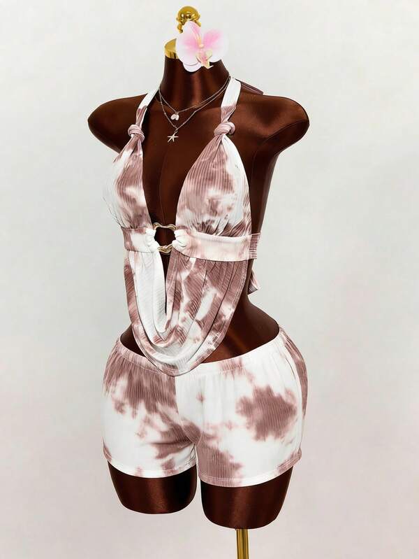 Mistrie Women's Y2K Metal Decor Sexy Halter Tie-Dye Blouse