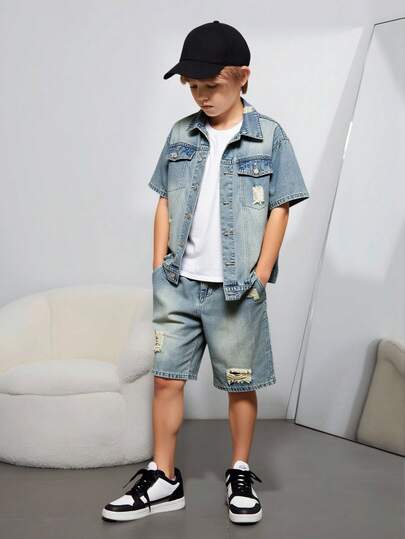 男童牛仔两件套套装，春秋新品，休闲学院风，做旧破洞设计，修身剪裁，舒适面料，牛仔短裤，适合日常穿着、上学、通勤。