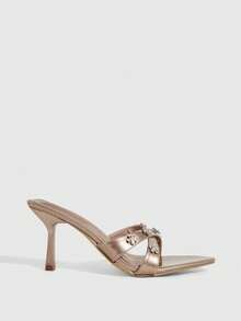 CUCCOO SZL Sandalias de tacón alto con puntera puntiaguda, decoración de flores de rhinestone para uso diario de moda para mujer - Oro rosa - Ver 2