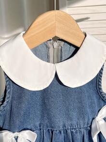 Baby Girl Denim Dress With Wide Ribbon Bow And Contrast Collar - Light Wash - View 5