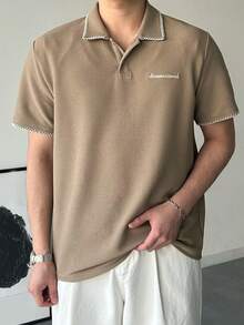 DAZY Men's Polo Shirt With Letter Embroidery And Contrast Collar Stitching Design, Summer - Khaki - View 6
