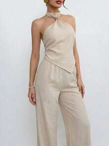 Aloruh Conjunto de 2 piezas elegante y ajustado para mujer, atuendo minimalista para el viaje diario - Albaricoque - Ver 2