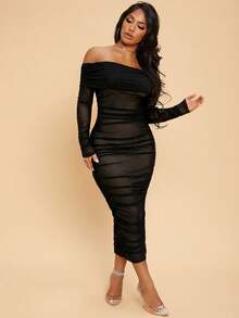 Radiana 春夏露肩荷叶边网纱性感紧身约会长袖连衣裙 - 彩色 - 查看 4