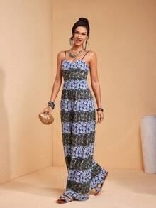 JIAN LASALA All-Over Tropical Print Spaghetti Straps Sleeveless Sweetheart Neckline Women Summer Jumpsuits - Multicolor - View 6