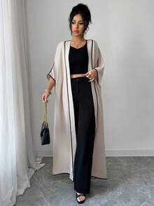SHEIN Elenzya Black Contrast Trim Patchwork Loose Front Open Jacket - Khaki - View 5