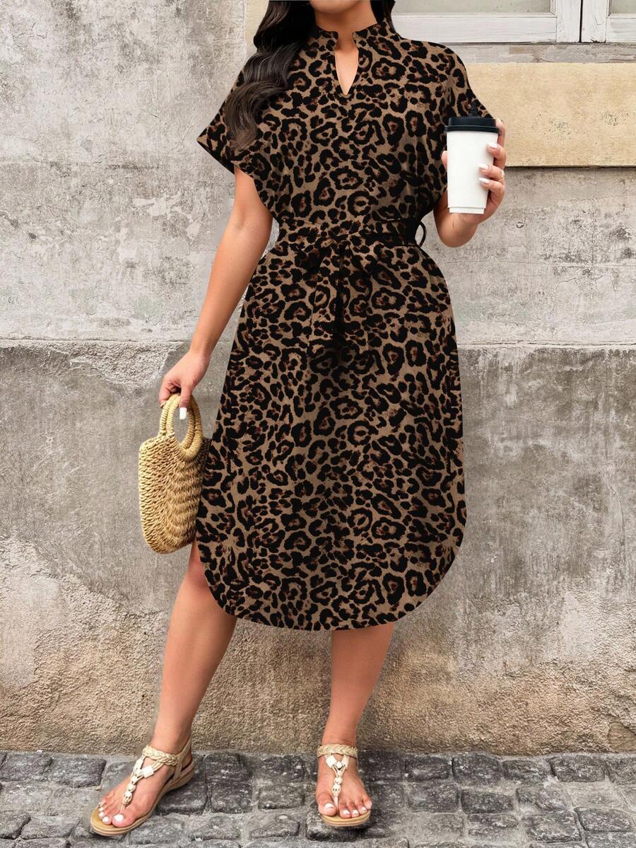 EMERY ROSE Plus Size Women Leopard Print V-Neck Short Sleeve Casual Summer Dress - Multicolor - View 1