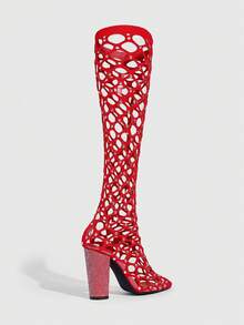 CUCCOO SZL 尖头粗跟性感迷人镂空设计舞台派对时尚过膝长靴，适合春季、春假、复活节和情人节穿着。 - 紅色 - 查看 4