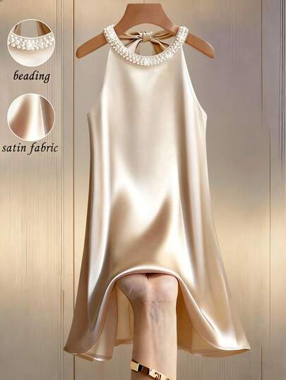 Franclia Women's Simple Elegant Round Neck Beaded Sleeveless Loose Rayon Fabric Casual Tie Back Mini Dress