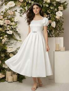 女童优雅缎面长裙，正式阿巴雅长袍，闪亮迷人设计，适合生日派对、正式庆典等场合，高端优雅礼服 - 白色 - 查看 1