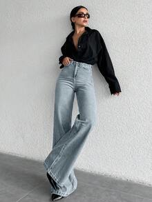 Cloudara 100Cotton High Waist Wide Leg Jeans TALL Everyday Light Blue Summer Casual Streetwear - Baby Blue - View 5