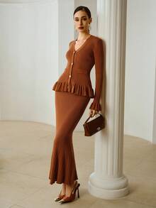 ZEYLAH 女士优雅高档毛衣半裙两件套 - 鏽棕色 - 查看 5