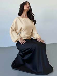 Firerie 女士新款优雅浪漫休闲都市通勤时尚百搭咖啡棕色圆领蝙蝠袖长袖系带X型修身衬衫，适合教师及秋季穿着 - 米色 - 查看 6