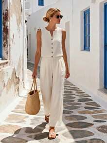 Balvessa 两件套女士杏色亚麻质感V领衬衫和阔腿裤，休闲度假装 - 杏色 - 查看 3