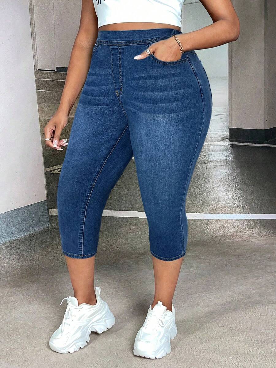 SHEIN SXY Quần jean denim trơn màu cỡ lớn kiểu dáng thường ngày - Rửa trung bình - Xem 1