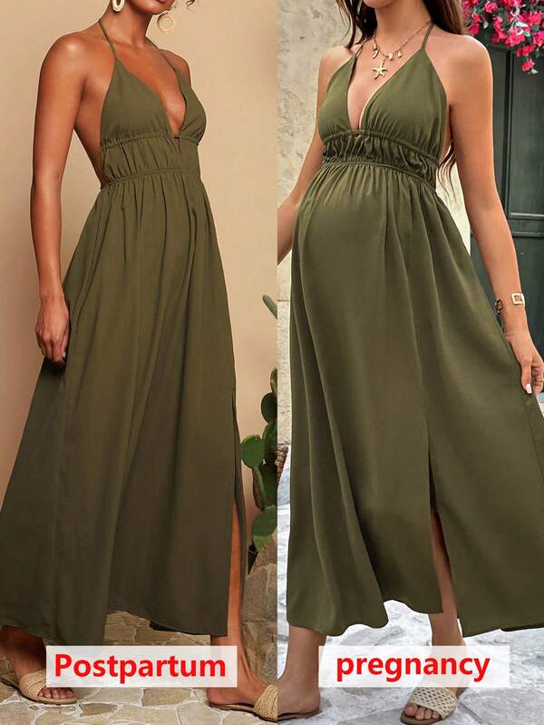 SHEIN Summer Outfit Women ,Vacation Dress ,Summer DressMaternity, Outfits WomenMaternity Vacation Solid Color Ruched Side Slit Hem Sexy Halter Dress Olive Dress Green Maxi Dress Women Women Vacation Dress Summer Long Dress Casual Long Dress,Maternity Clothes Maternity Dress Pregnant Clothes Vacation Bule Dress ,Vacation Outfits Women , Summer Dress, Maternity White Dress,Sexy Backless, High Slit, Deep V-Neck, Military Green Resort Dress Army Green Dress Women Beach Long Dress Sexy Vacation Dress
