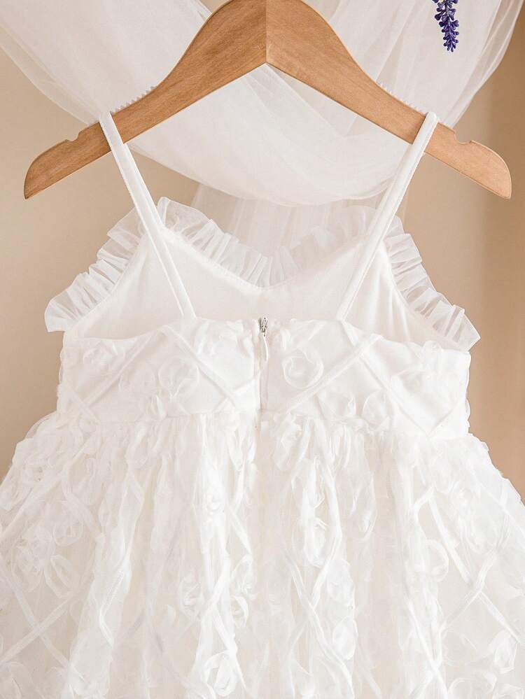 Babygirl Elegant White Floral Mesh Strap Dress, Formal Gown Sleeveless Baby Dress Baby Girl Lace Dress Ivory Baby Dress Toddler White Dress Wedding Baby Girl White Dress - White - View 8