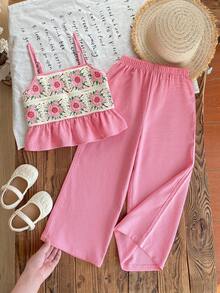 Emery Rose Kids Emery Rose Kids 2件套女童纯色编织吊带背心和长裤套装，粉色衬衫，夏季服装，抹胸上衣，春季女童套装，女童喇叭裤套装，波西米亚风女童粉色夏季套装，钩针花卉吊带背心和阔腿裤，女童粉色花卉钩针吊带背心和阔腿裤套装，可爱儿童夏季服装，女童粉色连体衣，女童春季连体裤，女童两件套，女童褶皱套装，儿童夏季女童服装，花卉套装 - 粉色 - 查看 15