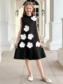 SHEIN Vestido sin mangas para niña preadolescente con cuello mao, manga corta, tejido con bloqueo de color y decoración floral 3D, adecuado para fiesta de cumpleaños, Día de San Valentín - Negro - Ver 7