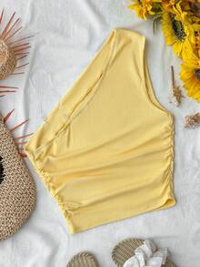 SHEIN Teen Girls Asymmetric Shoulder Ruched Waist Camisole Top, Pale Yellow - Yellow - View 2