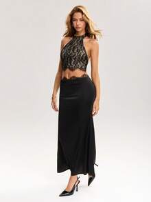 Sweetina Women Floral Lace Halter Crop Top And Fish Tail Midi Skirt 2 Pieces Set - Black - View 4