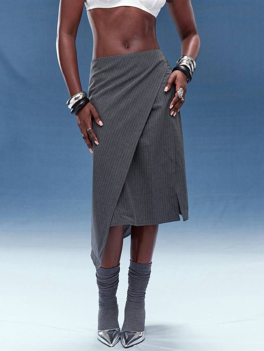Normani Women's Dark Grey Striped Wrap-Around Split Hem Asymmetrical Skirt,Autumn Business Casual Office Commuter Elegant Western Slit Wrap Skirts For Women - Dark Grey - View 1