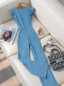 GlowEve Women's Casual Zip-Up Ruffled Denim Jumpsuit, Summer - Blue - View 2