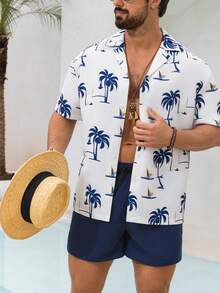 Manfinity KASUA Bộ đồ đi biển cỡ lớn dành cho nam giới, gồm áo sơ mi ngắn tay và quần short in hình cây cọ. - Màu xanh hải quân - Xem 3