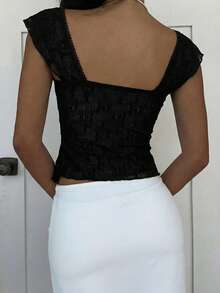 SHEIN EZwear French Romantic Lace Trim Layered Sleeveless Asymmetrical Ruffle Hem Top - Black - View 2