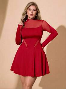 Hourglow 大码女式纯色网纱拼接长袖性感时尚连衣裙 - 紅色 - 查看 4