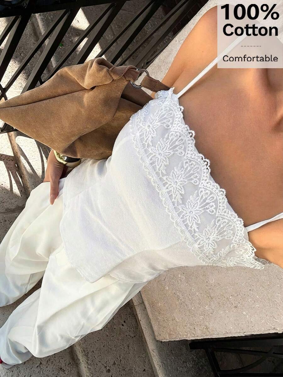 Siren Gaze 2025 Women's Spring/Summer New Design Lace Trim Camisole Top, Unique Minimalist Short Cropped Camisole - White - View 1