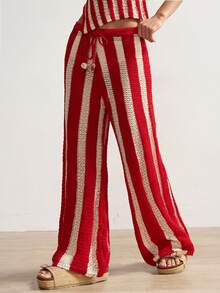 Bohemela Women's Belted Striped Casual Wide Leg Knit Pants - Red - View 4