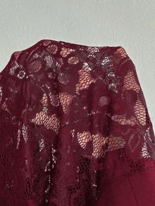 Viva Relle 大尺碼女款酒紅色優雅正式婚禮秋季禮服，蕾絲露背翻領長袖修身開衩洋裝，適合派對與各種場合 - 酒紅色 - 查看 5