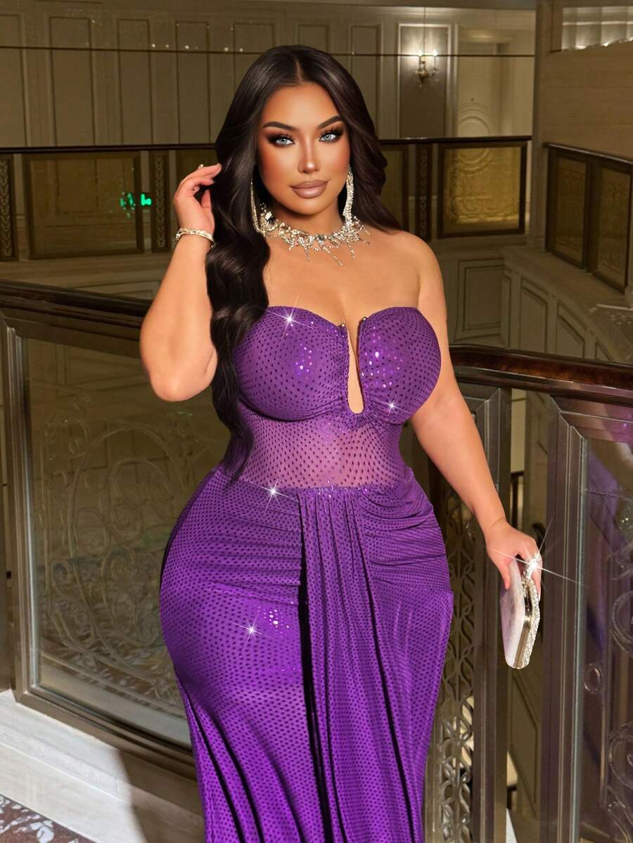 NU&NOW Plus Size Women Sexy Party Sheer Mesh Sequin Cocktail Dress, Suitable For Party, Banquet, Birthday Celebration - Purple - View 1