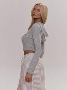MUSERA Zip Through Fitted Soft Rib Hooded Top Cute Girly Sexy Spring  Going Out Daily Sugar Swizzle Summer - Grey - View 4